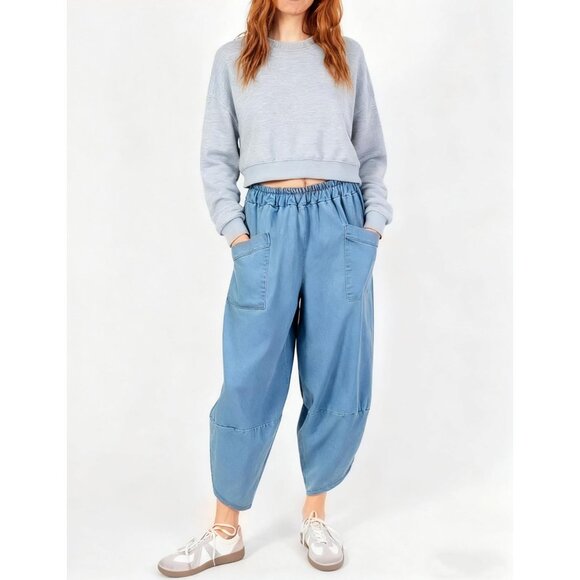 Women's Baggy Wide Leg Denim Pants Cotton Elastic Waist Casual Loose Fit - Picture 4 of 5